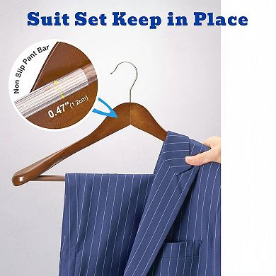 Wide Shoulder Solid Wood Suit Hangers Non Slip Pants Bar 360 Swivel Hook 6 Pack