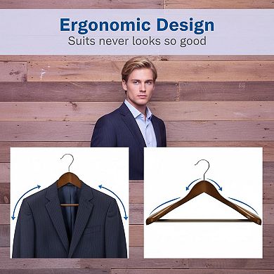 Wide Shoulder Solid Wood Suit Hangers Non Slip Pants Bar 360 Swivel Hook 6 Pack