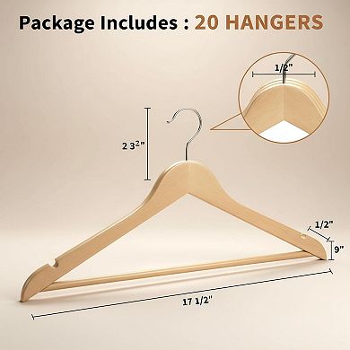 Wooden Hangers 20 Pack Heavy Duty Solid Wood Coat Shirt Pants Closet Organization