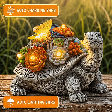 Solar Garden Tortoise Statue Succulent 7 LED Lights Outdoor Lawn Decor