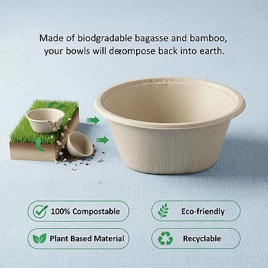 48 Oz Compostable Sugarcane Fiber Disposable Bowls 50 Pack Microwave Safe Heavy Duty