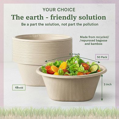 48 Oz Compostable Sugarcane Fiber Disposable Bowls 50 Pack Microwave Safe Heavy Duty