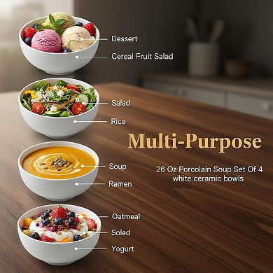 26 Oz White Ceramic Bowl Set Of 4 Microwave Dishwasher Safe For Cereal Soup Salad
