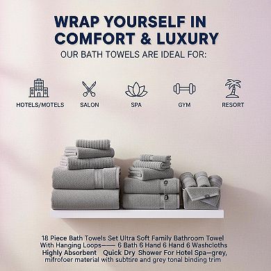 18 Piece Bath Towels Set Ultra Soft Highly Absorbent Quick Dry with Hanging Loops for Hotel Spa