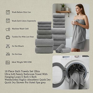 18 Piece Bath Towels Set Ultra Soft Highly Absorbent Quick Dry with Hanging Loops for Hotel Spa