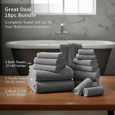 18 Piece Bath Towels Set Ultra Soft Highly Absorbent Quick Dry with Hanging Loops for Hotel Spa