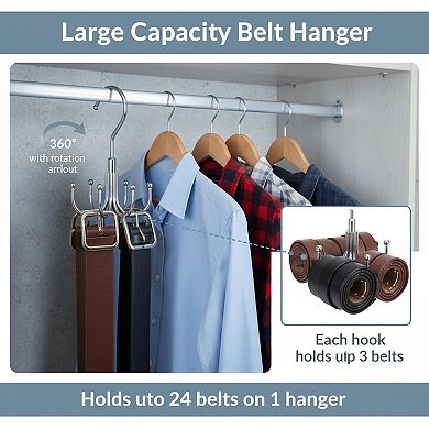 360° Rotating Belt Organizer Heavy Duty Metal Holds 24 Belts Space Saving Closet Hanger