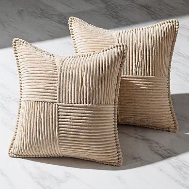 Decorative Throw Pillow Covers Corduroy Striped Patchwork Boho Accent for Couch Bed Set of 2