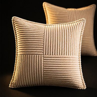 Decorative Throw Pillow Covers Corduroy Striped Patchwork Boho Accent for Couch Bed Set of 2