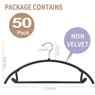 Curved Plastic Hangers 50-Pack No Shoulder Bump Non-Slip Heavy Duty 11lbs Capacity Slim Closet Space