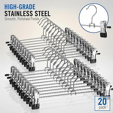 Metal Pants Hangers w/ Clips (20-Pack) Space-Saving Non-Slip Adjustable Skirts Jeans Closet