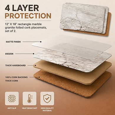 Foiled Granite Thick Cork Heat Resistant Dining Table Placemats Set Of 2 Rectangle Marbled
