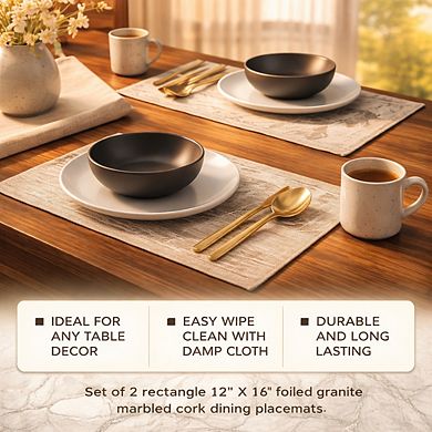 Foiled Granite Thick Cork Heat Resistant Dining Table Placemats Set Of 2 Rectangle Marbled