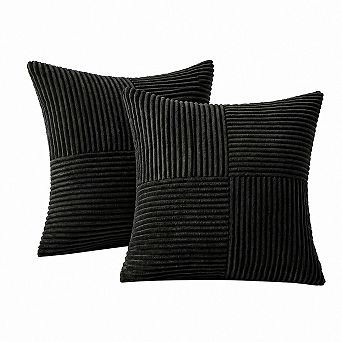 Black Decorative Throw Pillow Covers Soft Corduroy Cross Patchwork 2 Pack