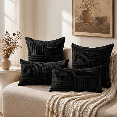 Black Decorative Throw Pillow Covers Soft Corduroy Cross Patchwork 2 Pack