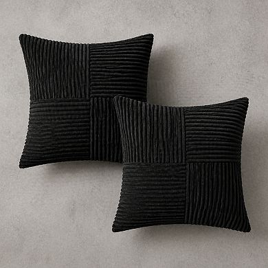 Black Decorative Throw Pillow Covers Soft Corduroy Cross Patchwork 2 Pack