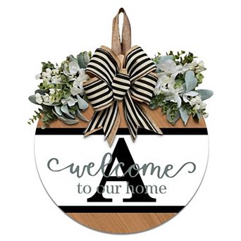 Last Name Initial Letter Wreath Front Door Decor 12" Wood Sign with Eucalyptus Garland All Season