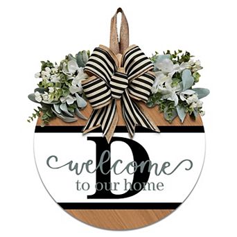 Last Name Initial Letter Wreath Front Door Decor 12" Wood Sign with Eucalyptus Garland All Season