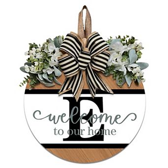 Last Name Initial Letter Wreath Front Door Decor 12" Wood Sign with Eucalyptus Garland All Season