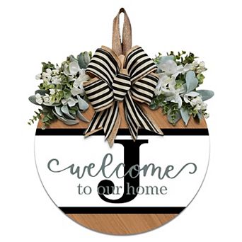 Last Name Initial Letter Wreath Front Door Decor 12" Wood Sign with Eucalyptus Garland All Season