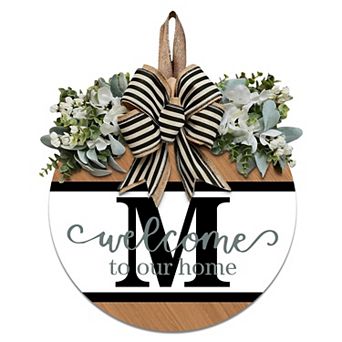 Last Name Initial Letter Wreath Front Door Decor 12" Wood Sign with Eucalyptus Garland All Season