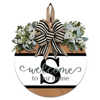 Last Name Initial Letter Wreath Front Door Decor 12" Wood Sign with Eucalyptus Garland All Season