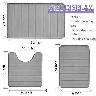 Memory Foam Bath Rug Set 3 Piece Non-slip Absorbent Shaggy Bathroom Mats Machine Washable Plush