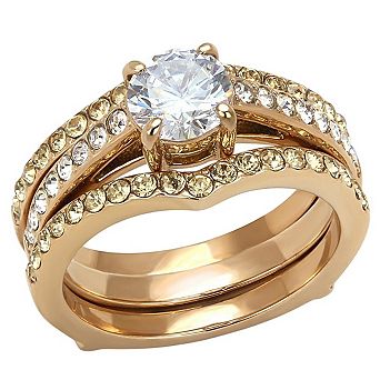 Alamode Womens/Ladies Rose Gold Ion Plating Stainless Steel Cubic Zirconia Stacked Round Ring