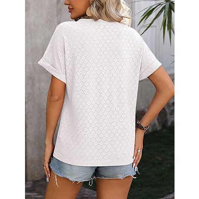 Women's Solid Loose Short Sleeve Summer Casual V-Neck Button T Shirt