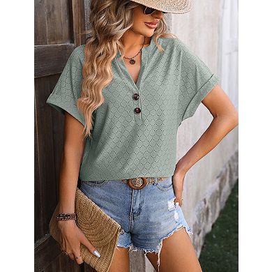 Women's Solid Loose Short Sleeve Summer Casual V-Neck Button T Shirt