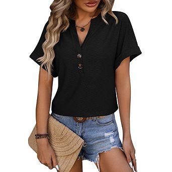 Women's Solid Loose Short Sleeve Summer Casual V-Neck Button T Shirt