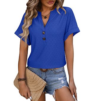 Women's Solid Loose Short Sleeve Summer Casual V-Neck Button T Shirt