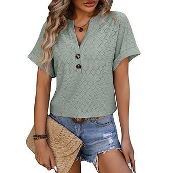 Women's Solid Loose Short Sleeve Summer Casual V-Neck Button T Shirt