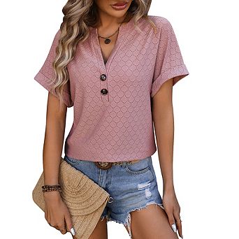 Women's Solid Loose Short Sleeve Summer Casual V-Neck Button T Shirt