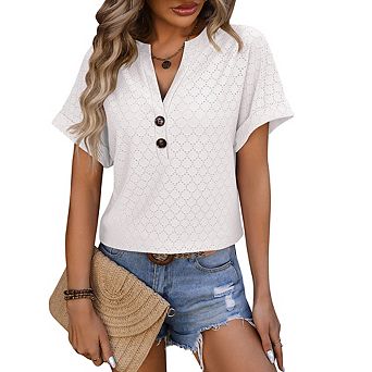Women's Solid Loose Short Sleeve Summer Casual V-Neck Button T Shirt