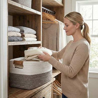 1 Pcs Woven Storage Basket Large Shelf Closet Storage Bin for Blankets Organizer Bin with Handles