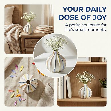 Modern Ceramic Vase for Home Decor Aesthetic Ribbed Flower Vase for Single Stem 4.1"Lx4.1"Wx4.1"H