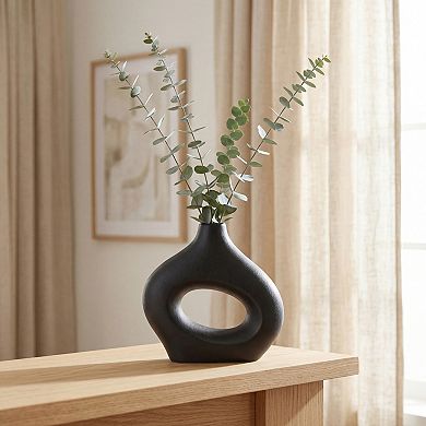 Modern White Donut Vase for Home Decor Hollow Circle Ceramic Flower Vases 7.2"Lx2.2"Wx7.2"H