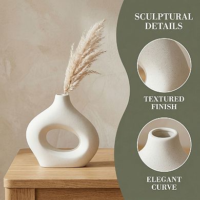Modern White Donut Vase for Home Decor Hollow Circle Ceramic Flower Vases 7.2"Lx2.2"Wx7.2"H