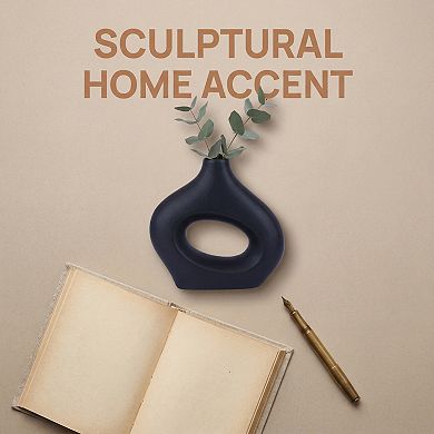 Modern White Donut Vase for Home Decor Hollow Circle Ceramic Flower Vases 7.2"Lx2.2"Wx7.2"H