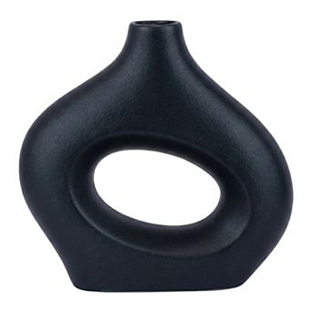 Modern White Donut Vase for Home Decor Hollow Circle Ceramic Flower Vases 7.2"Lx2.2"Wx7.2"H