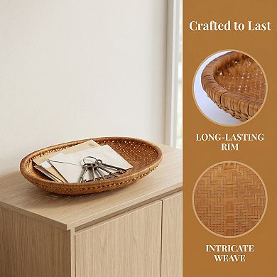 Handmade Rattan Serving Tray Woven Rectangular Basket Tabletop Organizer 12.6"Lx9.1"Wx2.4"H