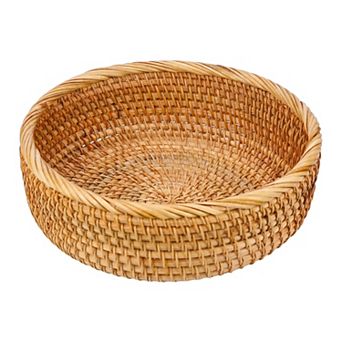 Handmade Rattan Decorative Bowl Round Woven Basket Tabletop Storage Tray for Bread 9.4"Lx9.4"Wx3.1"H