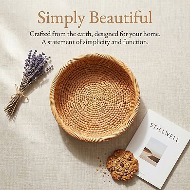 Handmade Rattan Decorative Bowl Round Woven Basket Tabletop Storage Tray for Bread 9.4"Lx9.4"Wx3.1"H