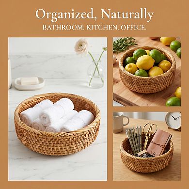Handmade Rattan Decorative Bowl Round Woven Basket Tabletop Storage Tray for Bread 9.4"Lx9.4"Wx3.1"H