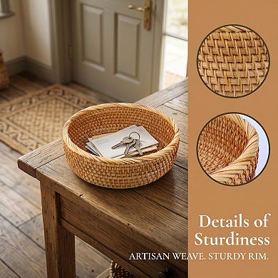 Handmade Rattan Decorative Bowl Round Woven Basket Tabletop Storage Tray for Bread 9.4"Lx9.4"Wx3.1"H