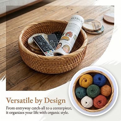 Handmade Rattan Decorative Bowl Round Woven Basket Tabletop Storage Tray for Bread 9.4"Lx9.4"Wx3.1"H