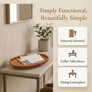 Handmade Rattan Serving Tray Woven Rectangular Basket Tabletop Organizer 9.8"Lx6.3"Wx1.6"H