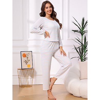 Women's Pajama Set Lace Trim Striped Long Sleeves 2 Pcs Set Top and Pants Cute Fall Winter