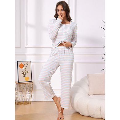 Women's Pajama Set Lace Trim Striped Long Sleeves 2 Pcs Set Top and Pants Cute Fall Winter